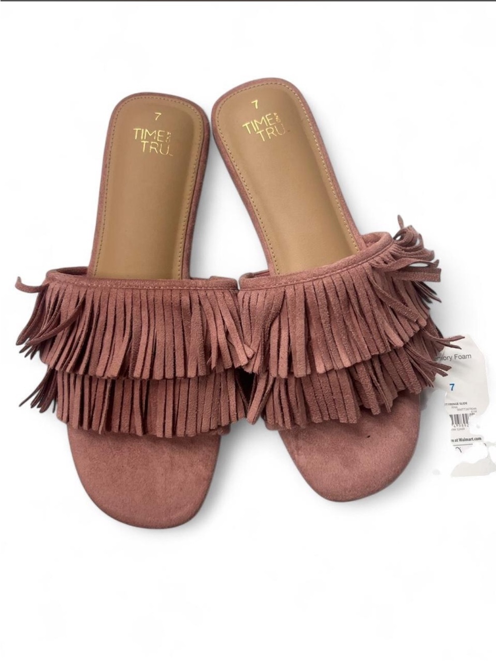 Time and Tru Dusty Rose Suede Fringe Slide Sandals
